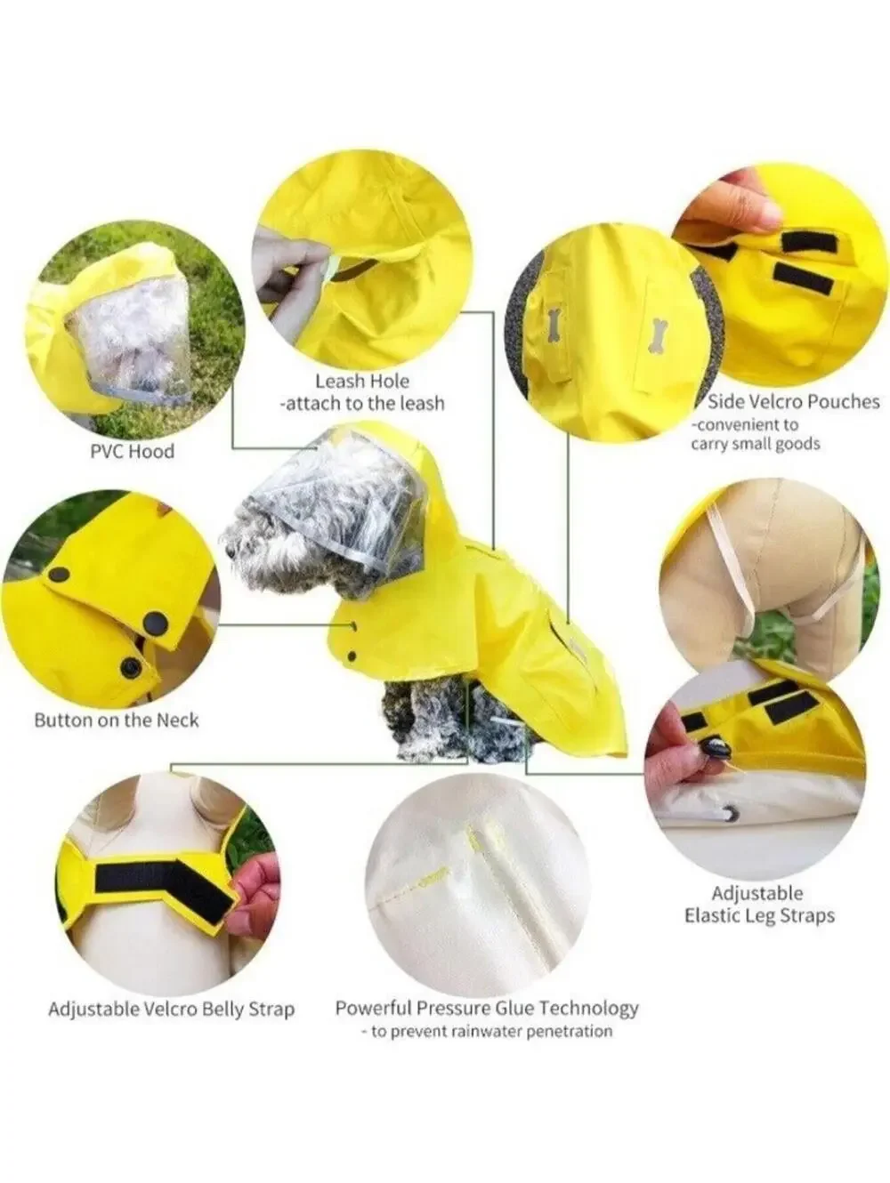 Dog Waterproof Raincoat with Poncho Hoodie Reflective Adjustable Yellow Medium